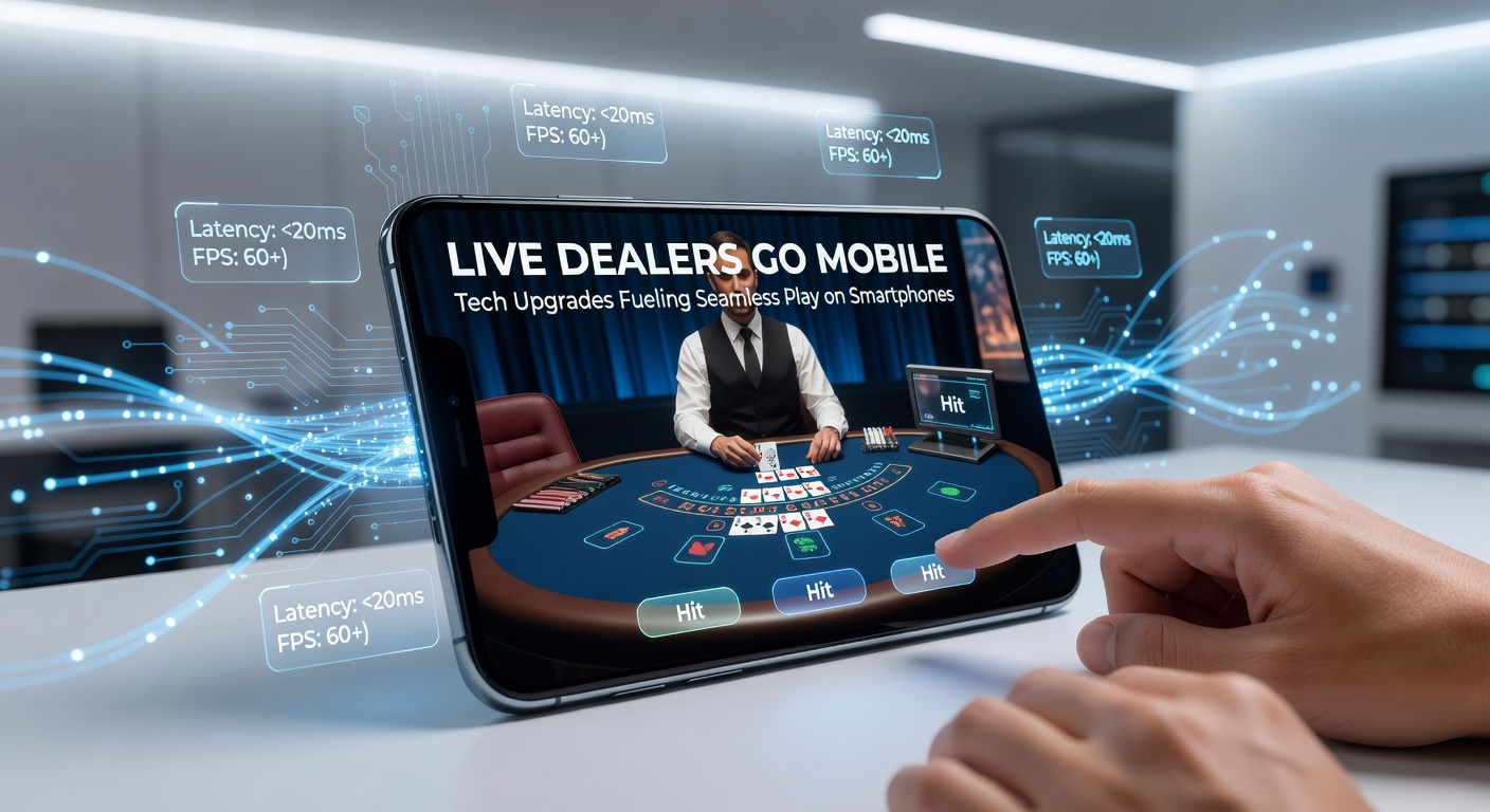 Smartphone zeigt Live-Dealer-Tisch mit Roulette in Echtzeit, umgeben von modernen Tech-Elementen wie 5G-Symbolen und AR-Overlays